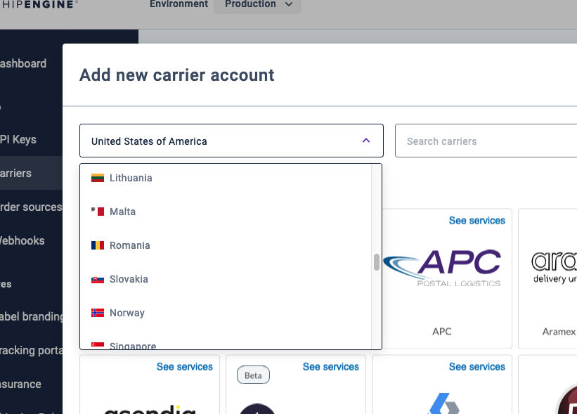 Carrier connect screen with country and carrier selection