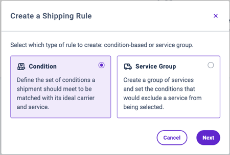 Select shipping rule type popup