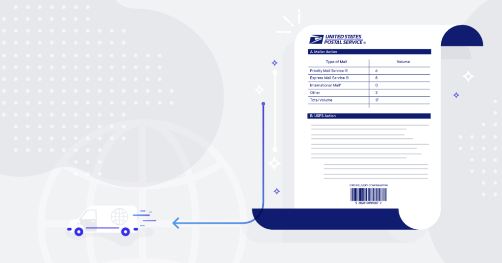 Illustration of USPS SCAN Form, or end-of-day manifest, and delivery truck