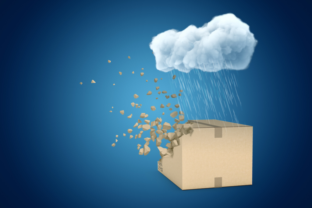 3d rendering of white rainy cloud above cardboard box shattering into small pieces on blue background.